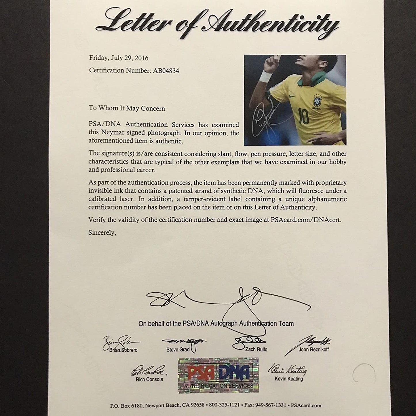 Autographed/Signed Neymar Jr. Brazil World Cup Soccer Futbol 11x14 Photo PSA/DNA COA/LOA #2