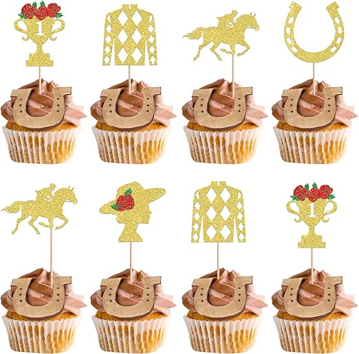 25 PCS Racing Horse Cupcake Toppers Gold Glitter Clothes Derby Cupcake Picks Horseshoe Equestrian Horse Cupcake Decorations for Derby Day Theme Birthday Party Cake Decorations Supplies
