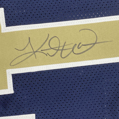 Framed Autographed/Signed Kurt Warner 35x39 St. Louis Dark Blue Football Jersey JSA COA