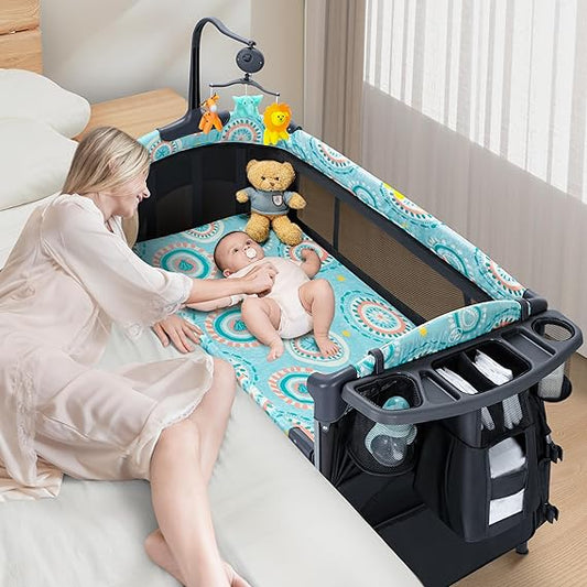 Baby Bassinet Bedside Crib 5 in 1 with Detachable Changing Table, Pack and Play with Mattress, Storage, Music and 3 Adjustable Height, Portable Large Playard for Newborn Baby