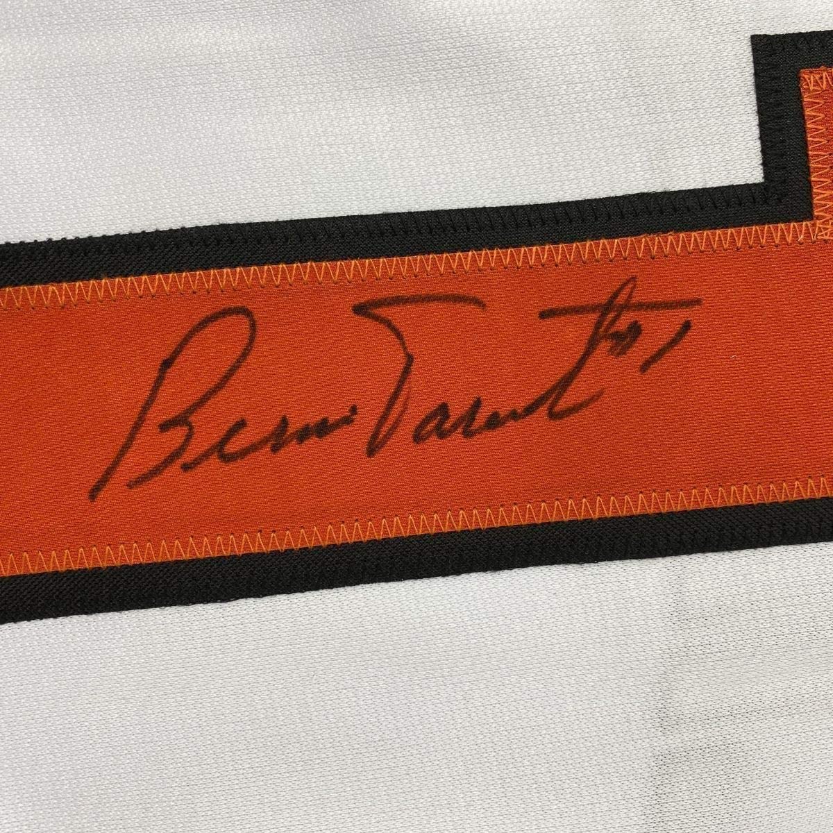 Framed Autographed/Signed Bernie Parent 35x39 Philadelphia White Hockey Jersey JSA COA