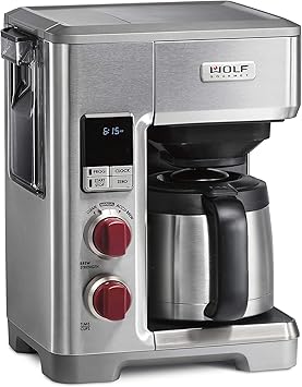 WOLF GOURMET WGCM100S 2.36 Liters Coffee Maker | Programmable | Thermal Carafe | 10 Cup | Built-In Grounds Scale, Removable Reservoir | Red Knob | Stainless Steel