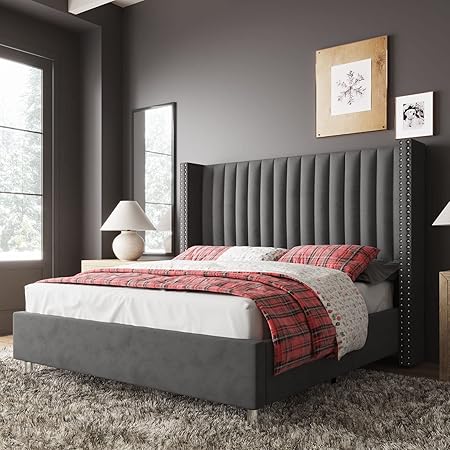 Jocisland King Size Bed Frame, Velvet Tufted Upholstered Platform Bed Frame with Vertical Channel Tall Wingback Headboard, No Box Spring Needed, Easy Assembly, Dark Grey