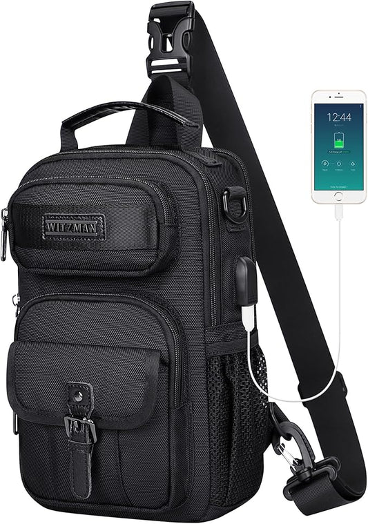 WITZMAN Sling Bag for Men Convertible Travel Sling Backpack USB Charging Port Lightweight Crossbody Bags Casual Daypack•_öB698 Black•_ä