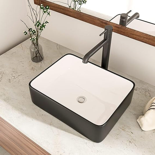Rectangle Bathroom Sink - GhomeG 19"x15" Black and White Above Counter Ceramic Porcelain Vessel Vanity Sink Washbasin Art Basin
