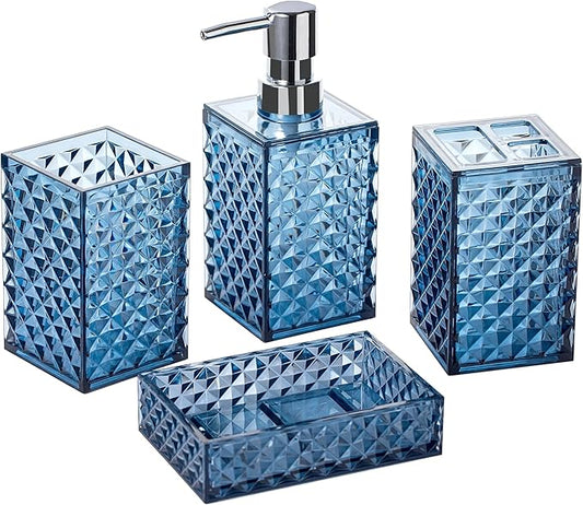 Blue Bathroom Accessories Set 4 Pcs Navy Blue Bathroom Accessories Toothbrush Holder Soap Dispenser Set Contain Soap Dish Tumbler Diamond Pattern Bathroom Countertop Vanity D’©cor Set Plastic