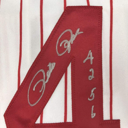 Autographed/Signed Pete Rose 4256 Cincinnati Pinstripe Baseball Jersey JSA COA