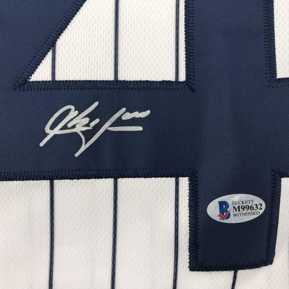 Framed Autographed/Signed Aroldis Chapman 35x39 New York Pinstripe Baseball Jersey Beckett BAS COA Holo Only