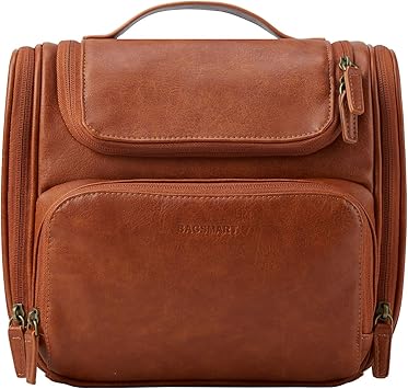 BAGSMART Travel Toiletry Bag, Leather Toiletry Bag with Hanging Hook, Water-resistant Travel Kit for Full Sized Container, Large Makeup Bag Organizer, Dopp Kit (Brown)