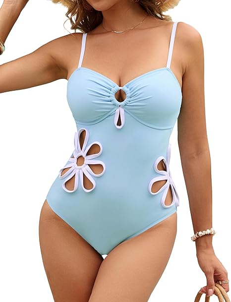 Blooming Jelly Women's One Piece Swimsuit Slimming Color Block High Cut Bathing Suit Cheeky Floral Cutout Swimwear