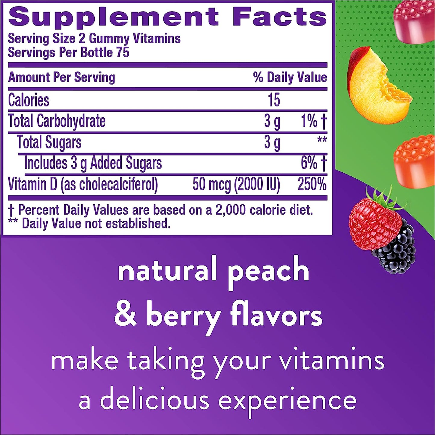 Vitafusion Vitamin D3 Gummy Vitamins for Bone and Immune System Support, Peach, Blackberry and Strawberry Flavored, 50 mcg Vitamin D, America’s Number 1 Gummy Vitamin Brand, 75 Day Supply, 150 Count