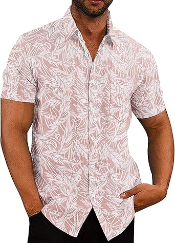 COOFANDY Men Linen Dress Shirts Short Sleeve Casual Beach Wedding Shirts Retro