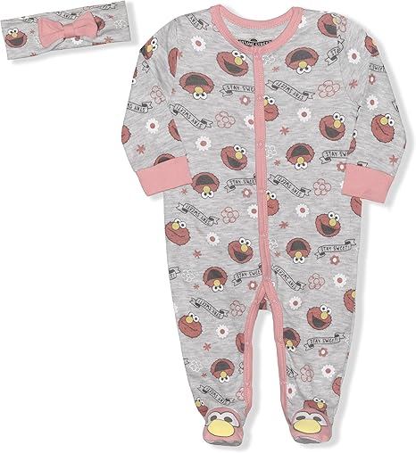 Sesame Street Elmo Baby Girls Long Sleeve Footie Romper and Headband Set for Newborn and Infant