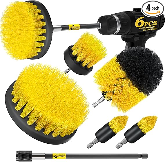 Holikme 6Pack Drill Brush Power Scrubber Cleaning Brush Extended Long Attachment Set All Purpose Drill Scrub Brushes Kit for Grout, Floor, Tub, Shower, Tile, Bathroom and Kitchen Surface•_ÎYellow