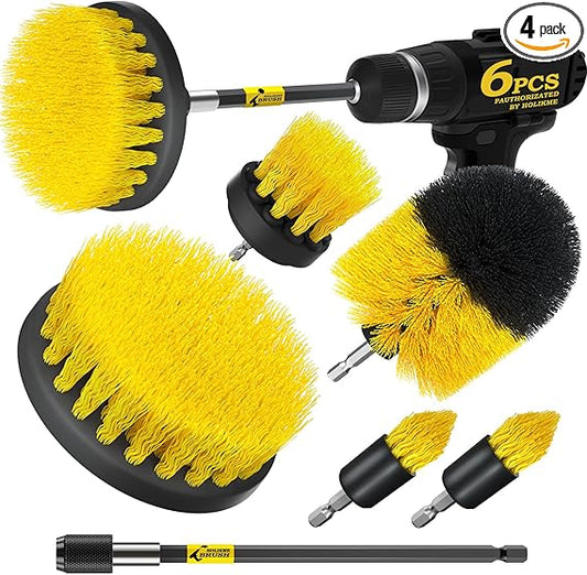 Holikme 6Pack Drill Brush Power Scrubber Cleaning Brush Extended Long Attachment Set All Purpose Drill Scrub Brushes Kit for Grout, Floor, Tub, Shower, Tile, Bathroom and Kitchen Surface•_ÎYellow