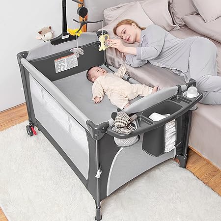 Baby Bassinet Bedside Sleeper, 5 in-1 Pack and Play Portable Crib for Baby, Multifunction Bedside Crib from Newborn to Toddlers, Diaper Changer, Playard, Safety Strap, Carry Bag, Hanging Toys
