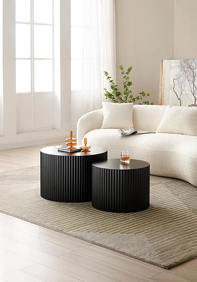 23.62" Nesting Coffee Table Set of 2, Matte Black Round Wooden Coffee Tables, Modern Luxury Side Tables Accent End Table for Living Room Apartment (Black)
