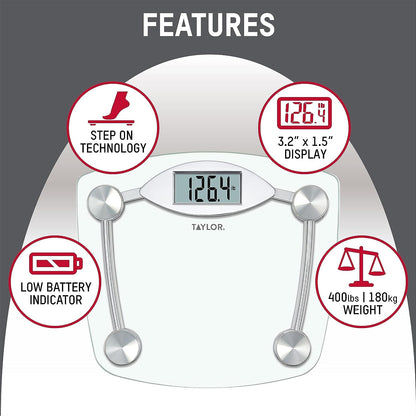 Taylor Digital Bathroom Scale, Highly Accurate Body Weight Scale, Instant On and Off, 400 lb, Sturdy Clear Glass with ChromeFinish Base
