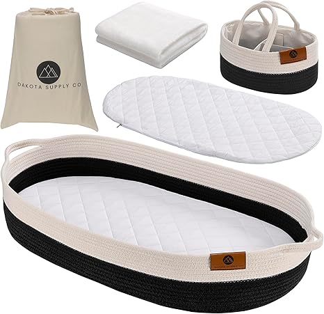 Baby Changing Basket, Moses Diaper Basket w/Foam pad, 2 Waterproof Covers, Blanket, Diaper Caddy Organizer, Table/Dresser/Nursery Topper, Boho Bassinet Station Woven Rope Tray, Storage (Black)