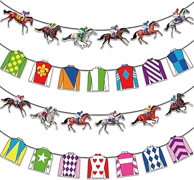 24 PCS Kentucky Party Supplies, Horse Racing Banner, Racing Suit Horse Run for Roses Hanging Banners, Horse Garland Derby Day Banners Decorations for Derby Party Decorations