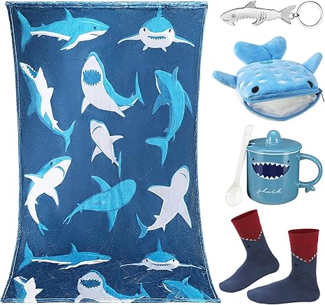 5 Pcs Christmas Whale Shark Gift Sets, Including Shark Throw Blanket, Shark Coin Purse, Shark Keychain, Shark Cup, 1 Pair Shark Crew Socks for Birthday Shark Party Thank You Novelty Gift