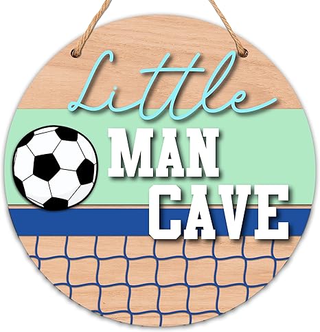 Little Man Cave Sign for Boys, Baby Boy Nursery Decor, Toddler Kids Room Soccer Door Hanger, 10x10 Inch Wooden Round Wall Door Sign-D05