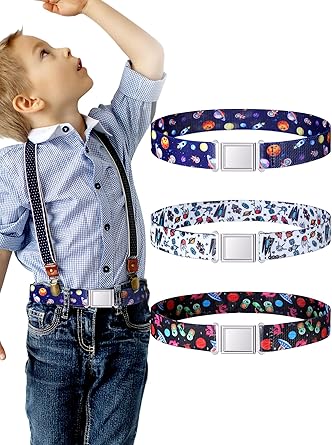Geyoga 3 Pcs Kids Adjustable Magnetic Belts Elastic Belt with Magnetic Buckle for Boys for Children 2-14 Years Old