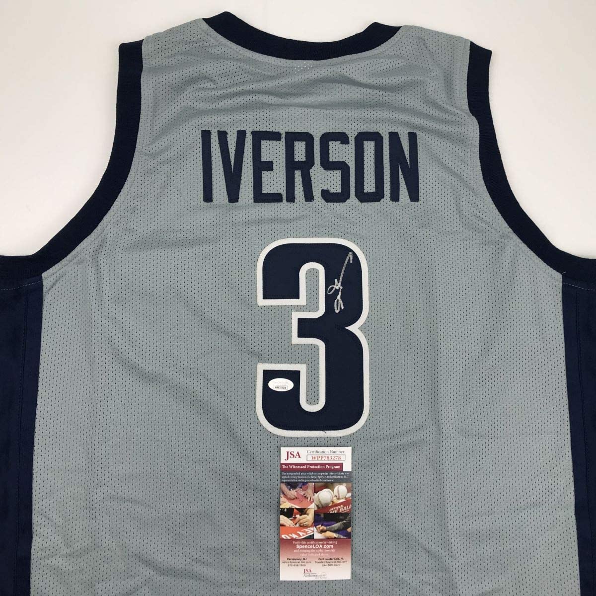 Autographed/Signed Allen Iverson Georgetown Grey College Basketball Jersey JSA COA