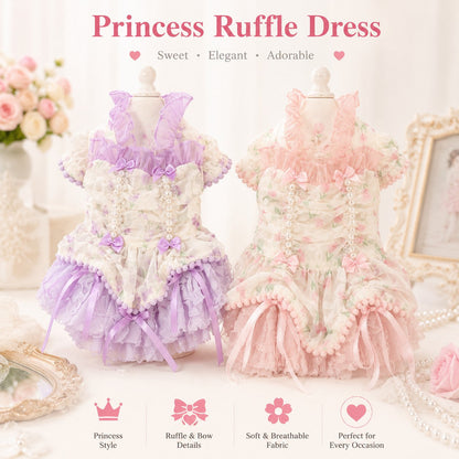 Princess Ruffle Dog Dress | Floral Puppy Party Dress with Pearl Bows