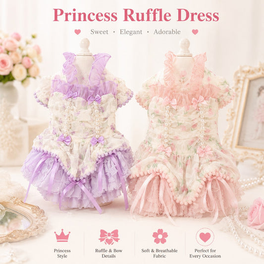 Princess Ruffle Dog Dress | Floral Puppy Party Dress with Pearl Bows