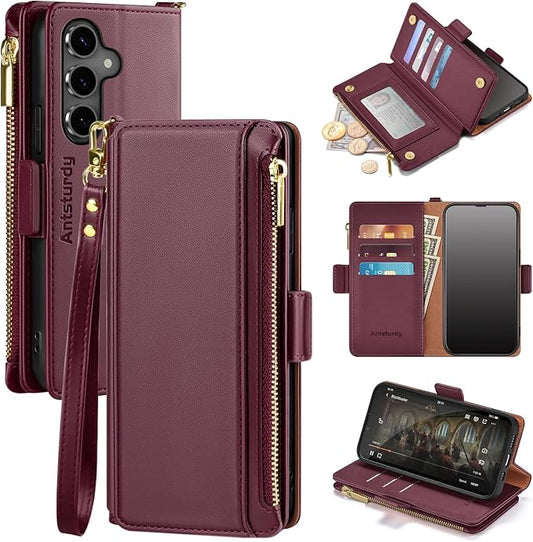 Antsturdy for Samsung Galaxy S24 FE 5G Wallet Case with Card Holder, Galaxy S24 FE Phone Case PU Leather Flip Protective Cover RFID Blocking Wrist Strap Credit Card Slots Kickstand Men Women, Wine Red