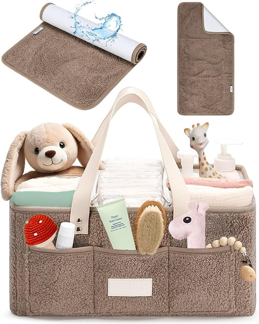 Baby Diaper Caddy Organizer with Portable Changing Mat - Teddy Fleece Nursery Storage Basket for Changing Table & Newborn Essentials _ÑÐ Baby Shower Gifts and Registry Must-Haves
