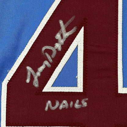 Framed Autographed/Signed Lenny Dykstra Nails 35x39 Philadelphia Blue Retro Baseball Jersey JSA COA