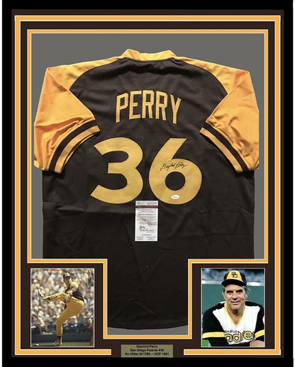 Framed Autographed/Signed Gaylord Perry 35x39 San Diego Brown Baseball Jersey JSA COA