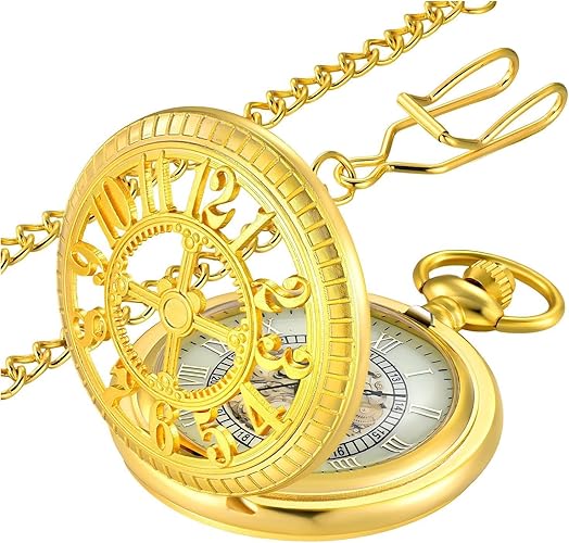 Vintage Pocket Watch with Chain, Roman Numerals Scale Quartz Pocket Watches for Men Womens