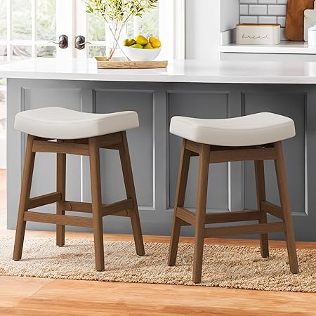 Bar Stools Set of 2, Barstools with Sturdy Wood Legs, Saddle Seat Counter Height Bar Stools for Kitchen Counter, Bar, Dining, 24 Inch Farmhouse Counter Stools, Antique White Leather