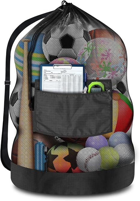 Heavy Duty Soccer Ball Net Bag(100L Extra Large Capacity 10-12Balls), Drawstring Mesh Ball Bag with Zipper Pocket, Sports Equipment Storage Organizer Hold for Gym, Beach, Cloth, Swimming Gears