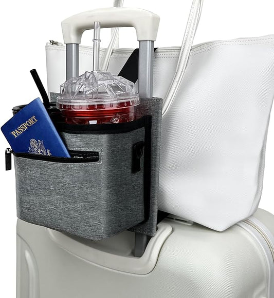 3 in 1 Travel Luggage Cup Holder, Luggage Straps, Shoulder Bag for Suitcases add a Bag«_ÔConvenient Travel Carry-on Accessories for Hands-Free Convenience (Gray)