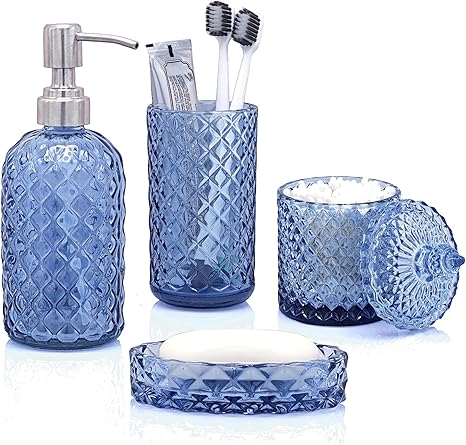 Blue Bathroom Accessories Set, 4Pcs Clear Glass Bathroom Accessory Set Complete, Soap Dispenser, Toothbrush Holder Set, Soap Dish, Qtip Holder, Modern Bath Decor, Light Blue