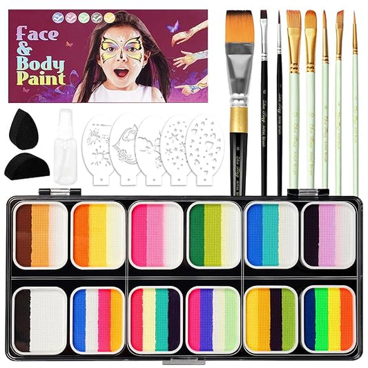 12*10g Face Painting Kit for Kids Party -Non Toxic Water Based Face Paint Makeup Palette With BrushÇ_ïStencilsÇ_ïSpongesÇ__ChristmasÇ_ïHalloween Makeup One Stroke Split Cake Face and Body Paint Kit
