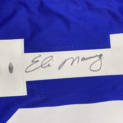 Autographed/Signed Eli Manning New York Blue Football Jersey Steiner Sports COA Hologram Only