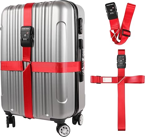 Travel Inspira Luggage Straps TSA Approved Suitcase Belt Adjustable Length 3-Dial Combination Lock and Cross Luggage Suitcase Security - Red