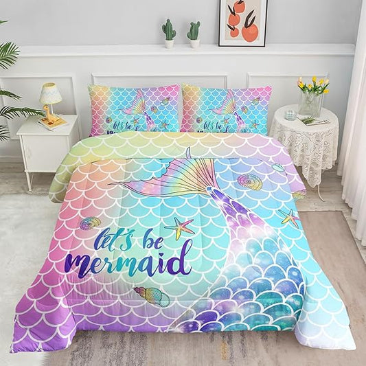 Bedding Comforter Set Rainbow Scales Mermaid Printed Pattern Bedding Set with 1 Comforter and 2 Pillowcases for Girls Bedroom All Season(Rainbow Scales Mermaid Queen), 90x90inches
