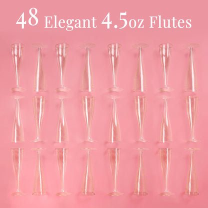 48 Champagne Flutes Plastic, Disposable Mimosa Party Cups, Gold Glitter, NYE