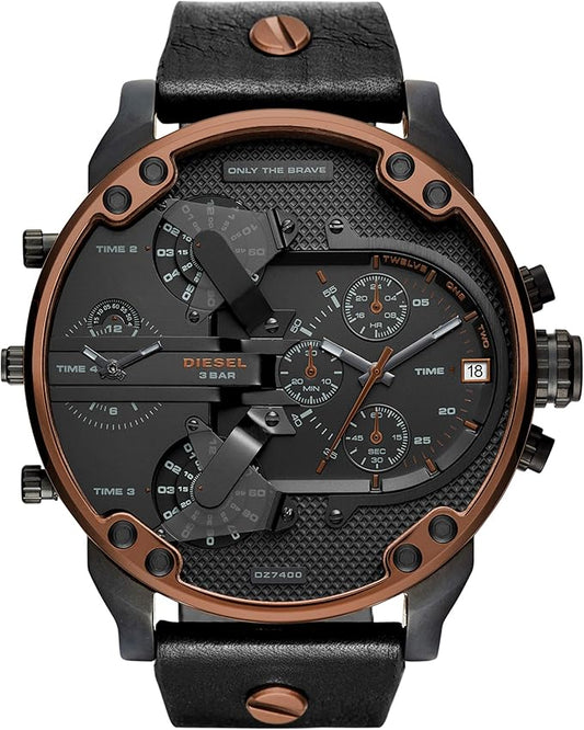 Diesel Men's Mr Daddy 2.0 Quartz Stainless Steel and Leather Chronograph Watch, Color: Black (Model: DZ7400)
