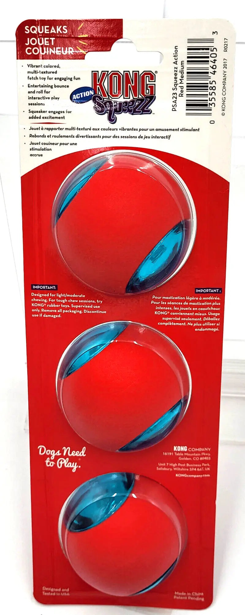 KONG Squeezz Action Ball MEDIUM Red 3 Pack Squeaky Dog Fetch Toy