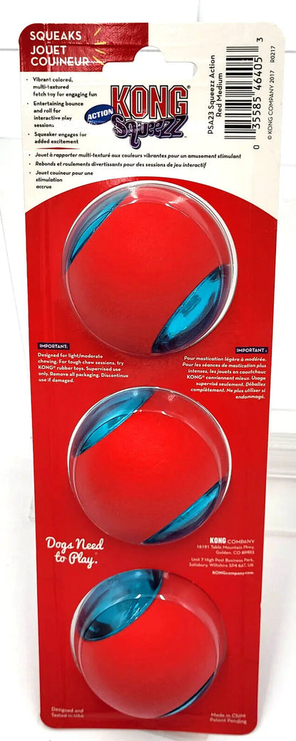 KONG Squeezz Action Ball MEDIUM Red 3 Pack Squeaky Dog Fetch Toy