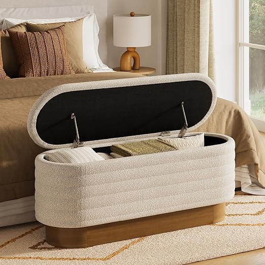 41" Upholstered Storage Bench - Soft Boucle Bench for Blankets and Keepsakes - Storage Bench for Bedroom, Living Room, and Entryway - Oval Ottoman with Solid Wood Base - Holds 350 lbs (White)