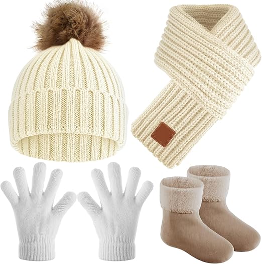 4 Pieces Kids Beanie Hat Scarf Gloves Socks Set Knit Winter Warm Set for Toddler Boys Girls