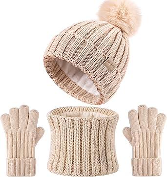 Children Winter Beanie Hat Scart Gloves Set, Kids Fleece Lined Knitted Woollen Pompom Hat for Boys Girls Toddler 3-9 Years